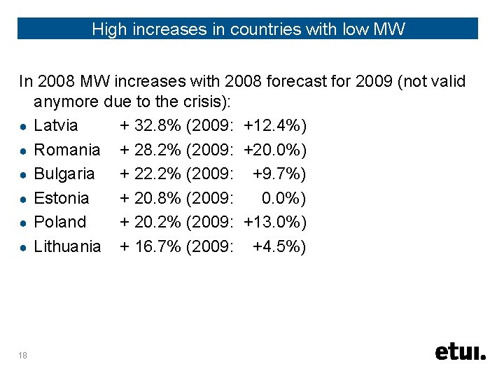 High increases in countries with low MW In 2008 MW increases with 2008 forecast