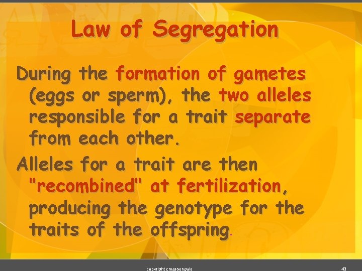 Law of Segregation During the formation of gametes (eggs or sperm), the two alleles