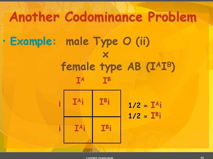 Another Codominance Problem • Example: male Type O (ii) x female type AB (IAIB)
