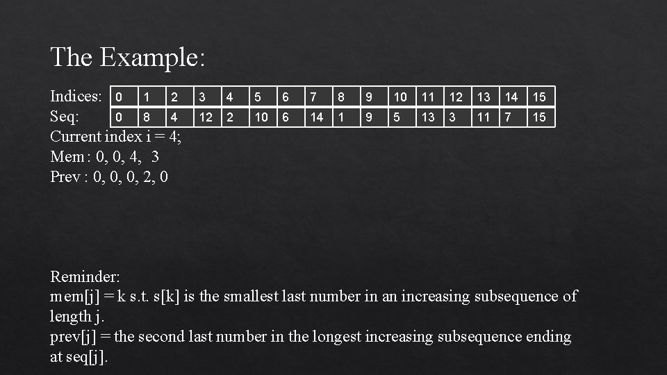 The Example: Indices: 0 1 2 0 8 4 Seq: Current index i =