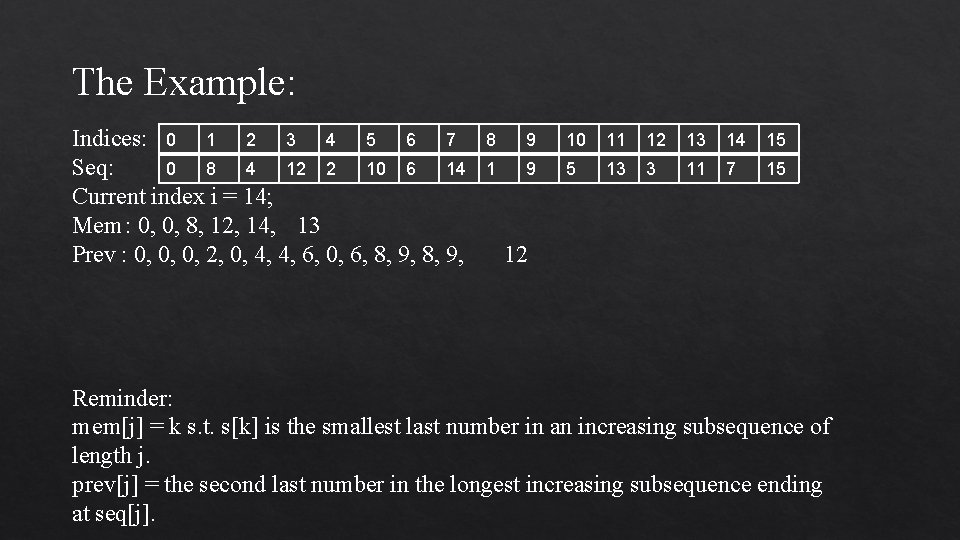 The Example: Indices: 0 1 2 3 4 5 6 7 0 8 4