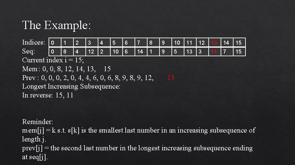 The Example: Indices: 0 1 2 3 4 5 6 7 8 0 8