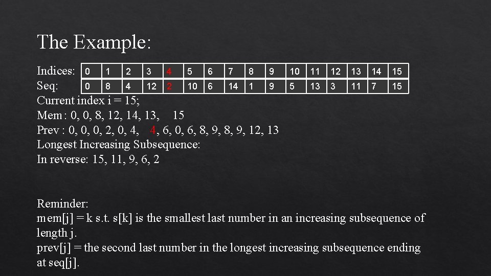 The Example: Indices: 0 1 2 3 4 5 6 7 8 9 0