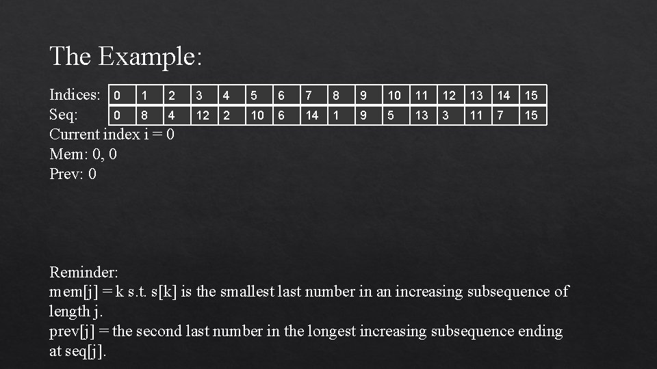 The Example: Indices: 0 1 2 0 8 4 Seq: Current index i =