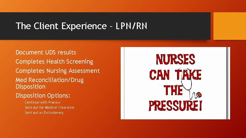 The Client Experience – LPN/RN Document UDS results Completes Health Screening Completes Nursing Assessment