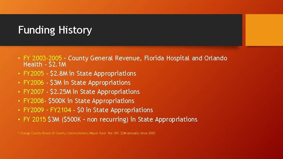 Funding History • FY 2003 -2005 – County General Revenue, Florida Hospital and Orlando