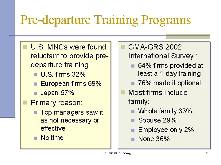 Pre-departure Training Programs n U. S. MNCs were found reluctant to provide predeparture training