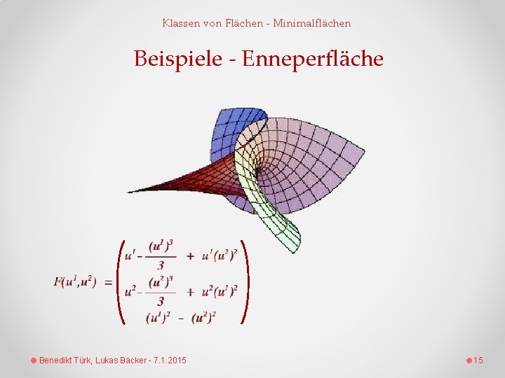 Klassen von Flächen - Minimalflächen Beispiele - Enneperfläche Benedikt Türk, Lukas Bäcker - 7.
