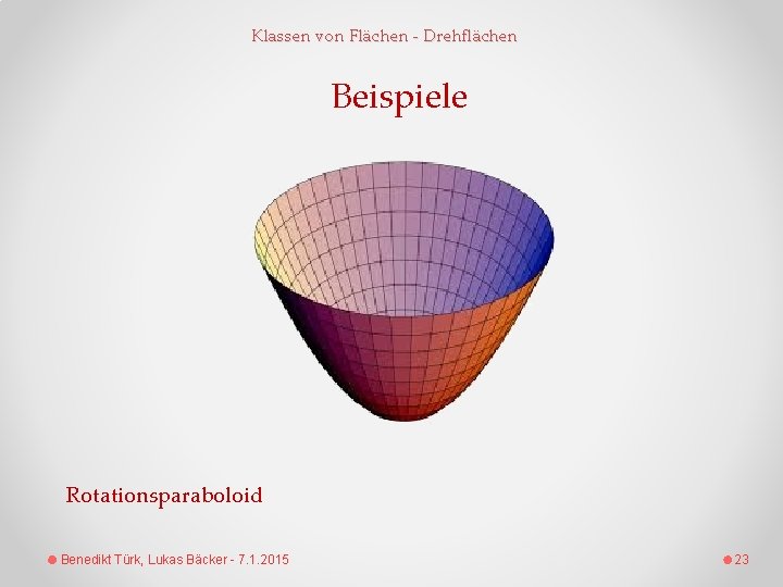 Klassen von Flächen - Drehflächen Beispiele Rotationsparaboloid Benedikt Türk, Lukas Bäcker - 7. 1.