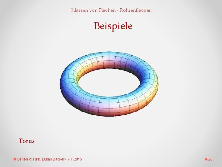 Klassen von Flächen - Röhrenflächen Beispiele Torus Benedikt Türk, Lukas Bäcker - 7. 1.