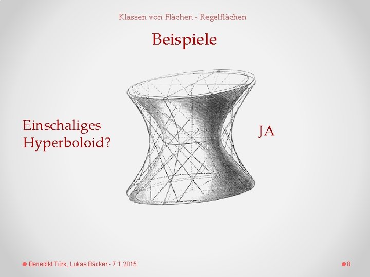 Klassen von Flächen - Regelflächen Beispiele Einschaliges Hyperboloid? Benedikt Türk, Lukas Bäcker - 7.