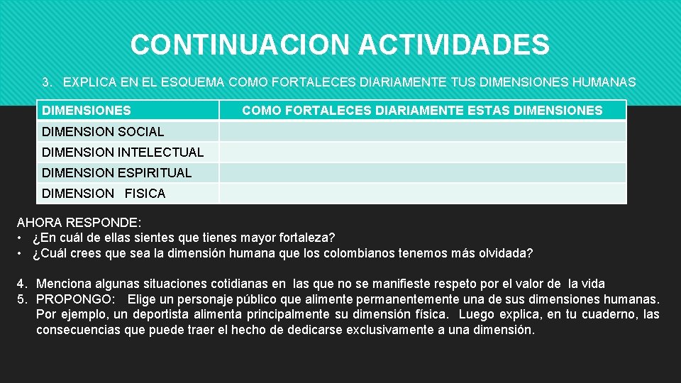 CONTINUACION ACTIVIDADES 3. EXPLICA EN EL ESQUEMA COMO FORTALECES DIARIAMENTE TUS DIMENSIONES HUMANAS DIMENSIONES