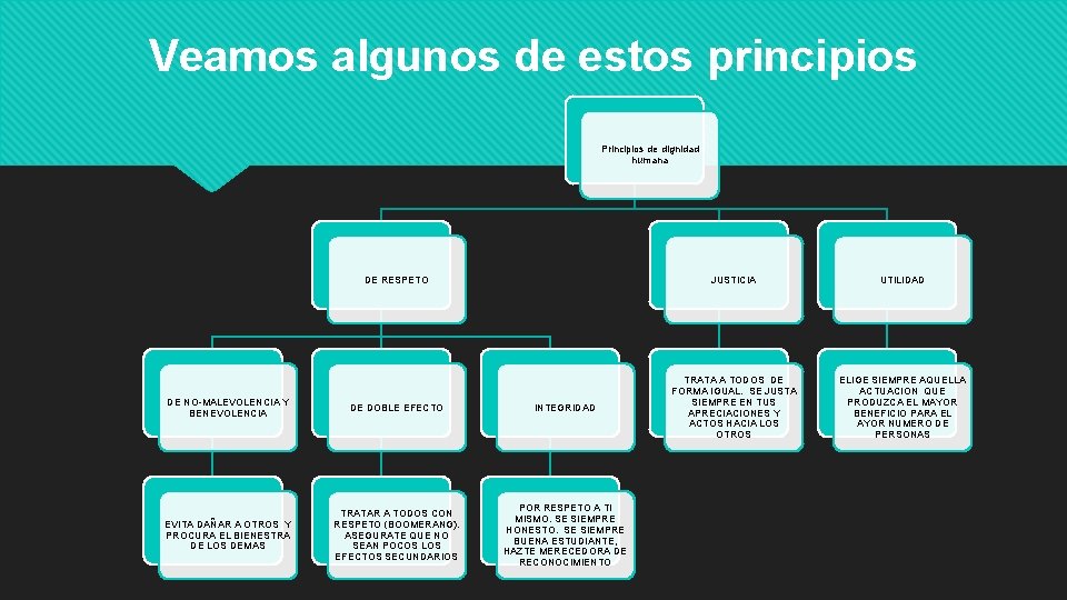 Veamos algunos de estos principios Principios de dignidad humana DE RESPETO JUSTICIA UTILIDAD DE