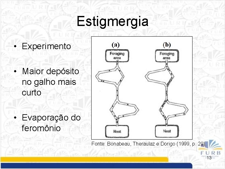 Estigmergia • Experimento • Maior depósito no galho mais curto • Evaporação do feromônio