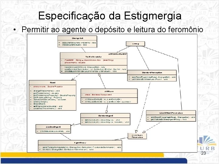 Especificação da Estigmergia • Permitir ao agente o depósito e leitura do feromônio 23