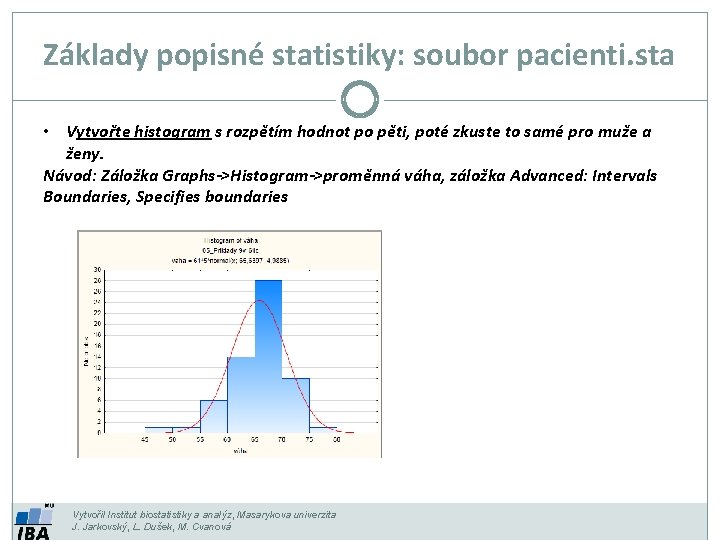 Základy popisné statistiky: soubor pacienti. sta • Vytvořte histogram s rozpětím hodnot po pěti,