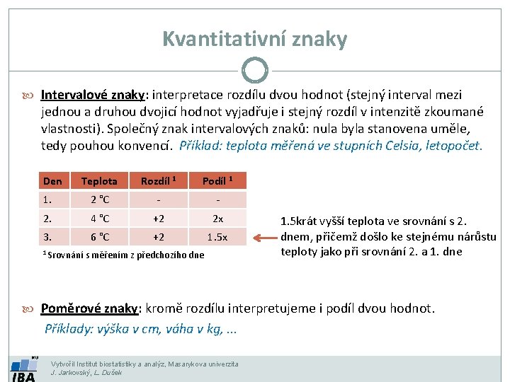 Kvantitativní znaky Intervalové znaky: interpretace rozdílu dvou hodnot (stejný interval mezi jednou a druhou