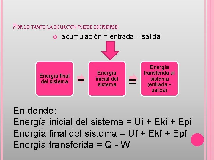 POR LO TANTO LA ECUACIÓN PUEDE ESCRIBIRSE: acumulación = entrada – salida Energía final