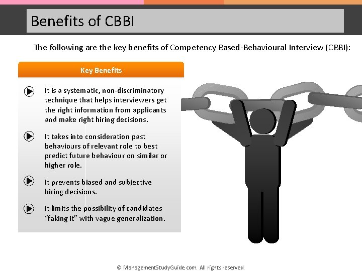 Benefits of CBBI The following are the key benefits of Competency Based-Behavioural Interview (CBBI):