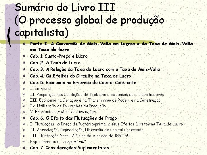 Sumário do Livro III (O processo global de produção capitalista) Parte I. A Conversão