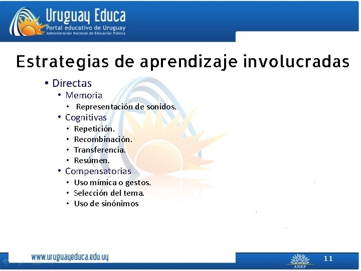 Estrategias de aprendizaje involucradas • Directas • Memoria • Representación de sonidos. • Cognitivas