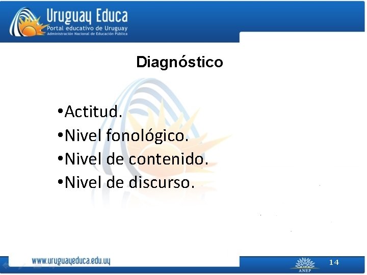 Diagnóstico • Actitud. • Nivel fonológico. • Nivel de contenido. • Nivel de discurso.