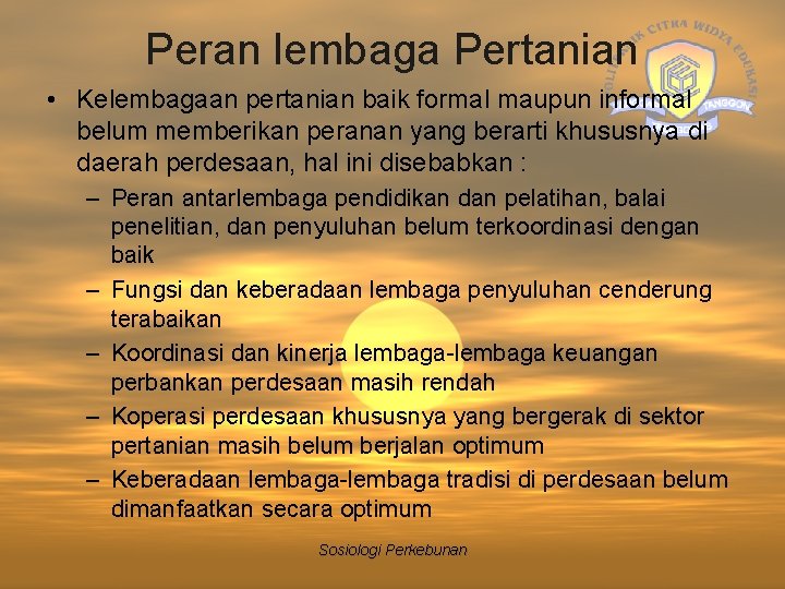 Peran lembaga Pertanian • Kelembagaan pertanian baik formal maupun informal belum memberikan peranan yang