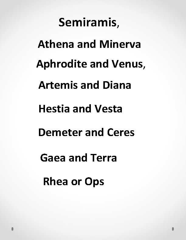 Semiramis, Athena and Minerva Aphrodite and Venus, Artemis and Diana Hestia and Vesta Demeter