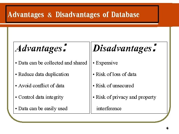 Advantages & Disadvantages of Database Advantages: • Data can be collected and shared • Advantages & Disadvantages of Database Advantages: • Data can be collected and shared •