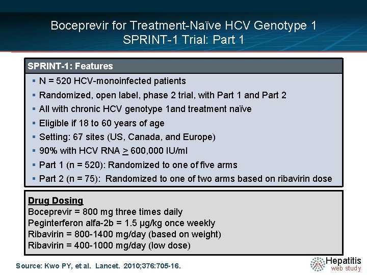 Boceprevir for Treatment-Naïve HCV Genotype 1 SPRINT-1 Trial: Part 1 SPRINT-1: Features § §