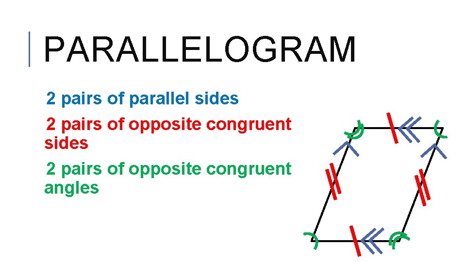 PARALLELOGRAM 2 pairs of parallel sides 2 pairs of opposite congruent angles 