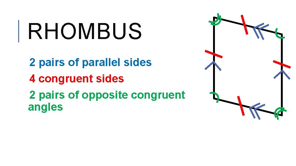 RHOMBUS 2 pairs of parallel sides 4 congruent sides 2 pairs of opposite congruent