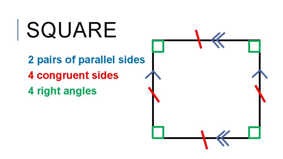 SQUARE 2 pairs of parallel sides 4 congruent sides 4 right angles 