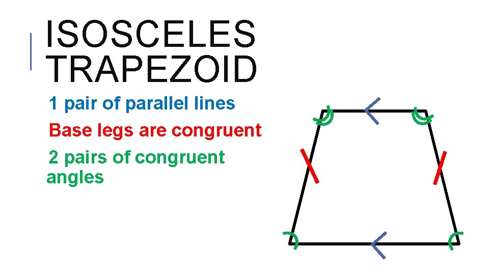 ISOSCELES TRAPEZOID 1 pair of parallel lines Base legs are congruent 2 pairs of