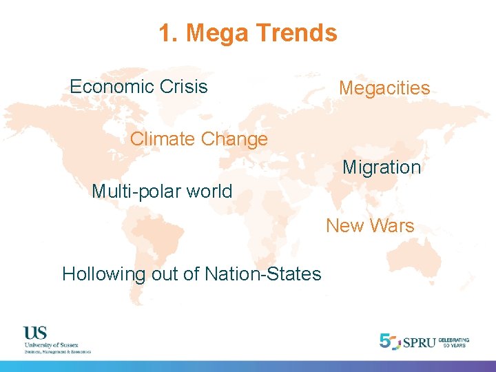 1. Mega Trends Economic Crisis Megacities Climate Change Migration Multi-polar world New Wars Hollowing