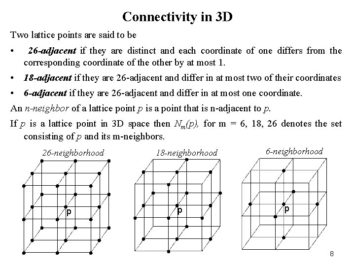 Connectivity in 3 D Two lattice points are said to be • 26 -adjacent Connectivity in 3 D Two lattice points are said to be • 26 -adjacent