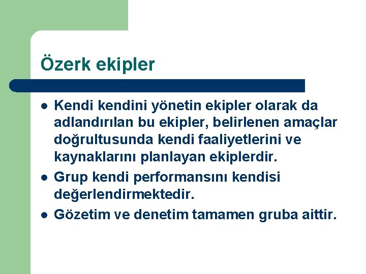 Özerk ekipler l l l Kendi kendini yönetin ekipler olarak da adlandırılan bu ekipler,