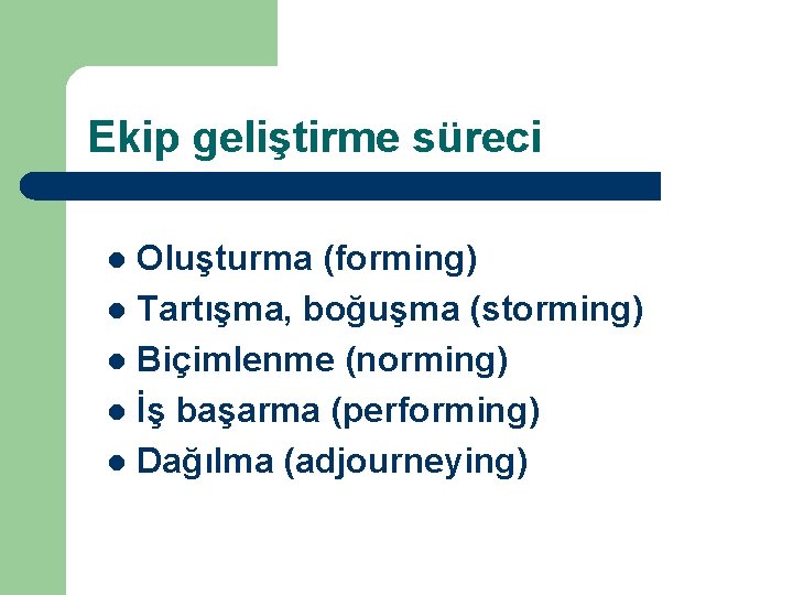 Ekip geliştirme süreci Oluşturma (forming) l Tartışma, boğuşma (storming) l Biçimlenme (norming) l İş