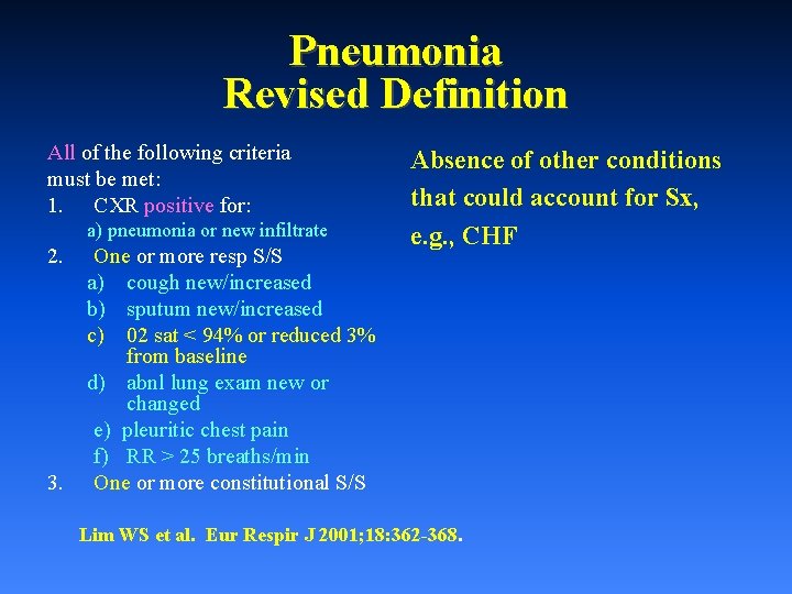 Pneumonia Revised Definition All of the following criteria must be met: 1. CXR positive