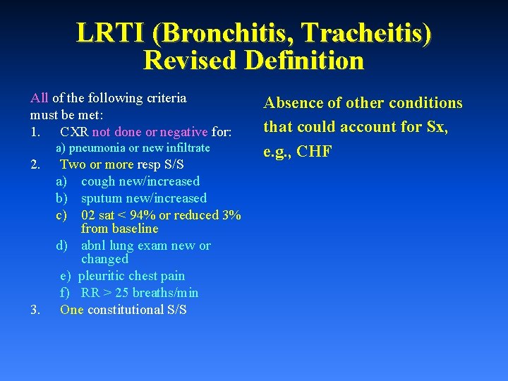 LRTI (Bronchitis, Tracheitis) Revised Definition All of the following criteria must be met: 1.