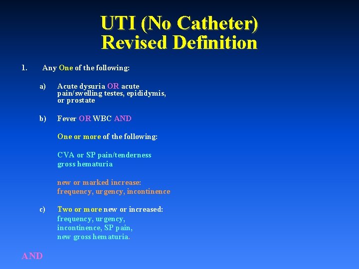 UTI (No Catheter) Revised Definition 1. Any One of the following: a) Acute dysuria