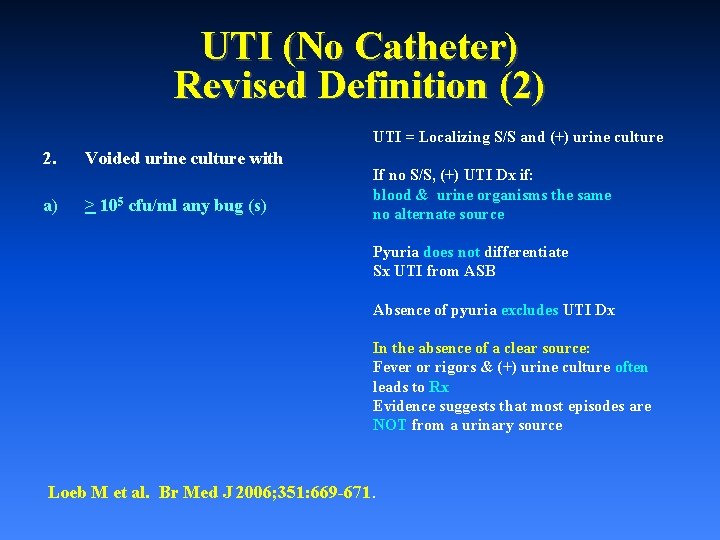 UTI (No Catheter) Revised Definition (2) UTI = Localizing S/S and (+) urine culture