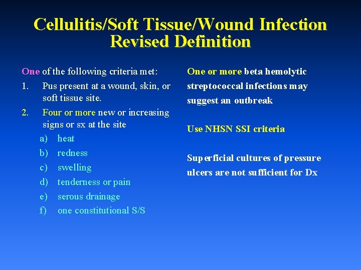 Cellulitis/Soft Tissue/Wound Infection Revised Definition One of the following criteria met: 1. Pus present