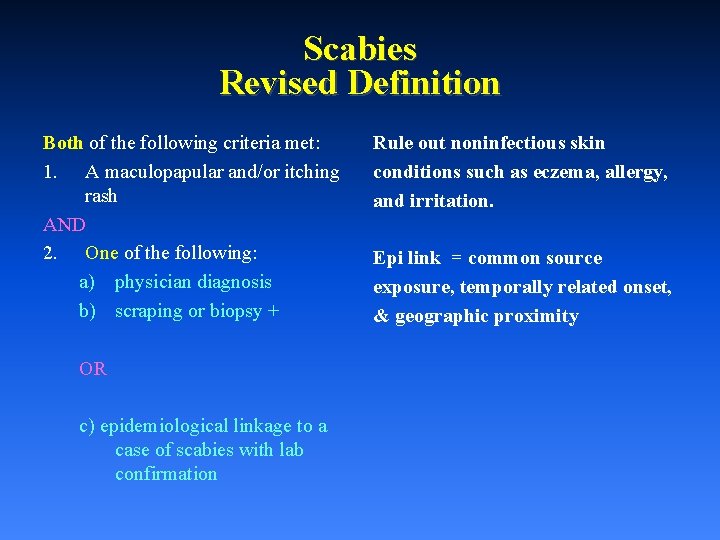 Scabies Revised Definition Both of the following criteria met: 1. A maculopapular and/or itching