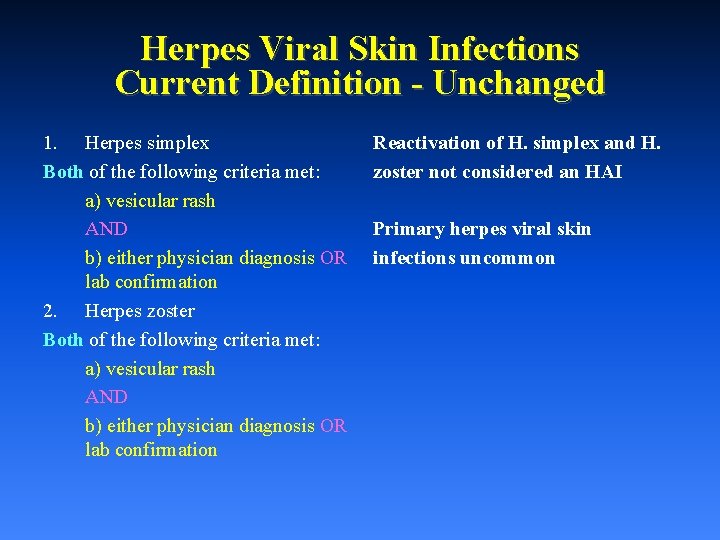 Herpes Viral Skin Infections Current Definition - Unchanged 1. Herpes simplex Both of the