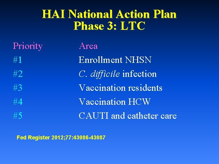 HAI National Action Plan Phase 3: LTC Priority #1 #2 #3 #4 #5 Area