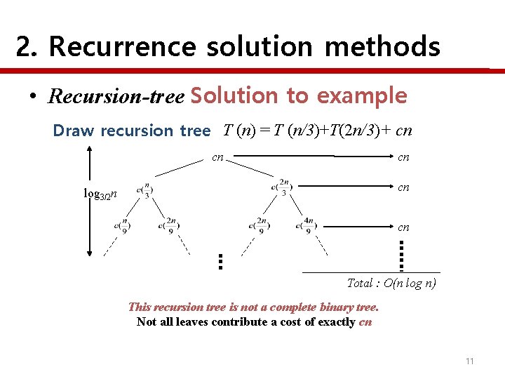 2. Recurrence solution methods • Recursion-tree Solution to example Draw recursion tree T (n)