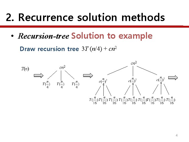 2. Recurrence solution methods • Recursion-tree Solution to example Draw recursion tree 3 T