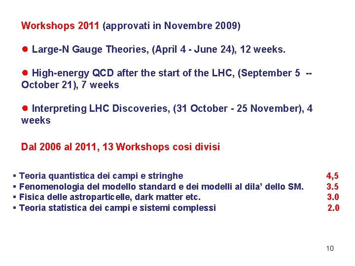 Workshops 2011 (approvati in Novembre 2009) ● Large-N Gauge Theories, (April 4 - June