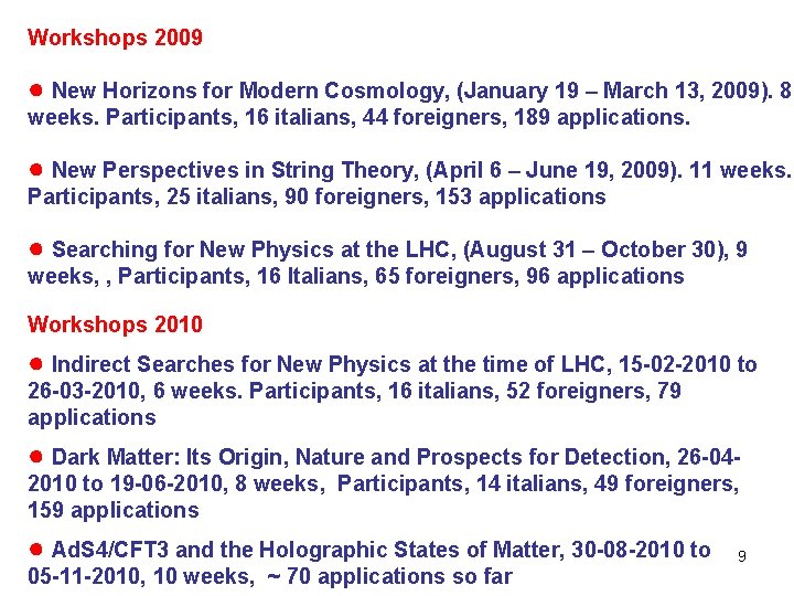 Workshops 2009 ● New Horizons for Modern Cosmology, (January 19 – March 13, 2009).